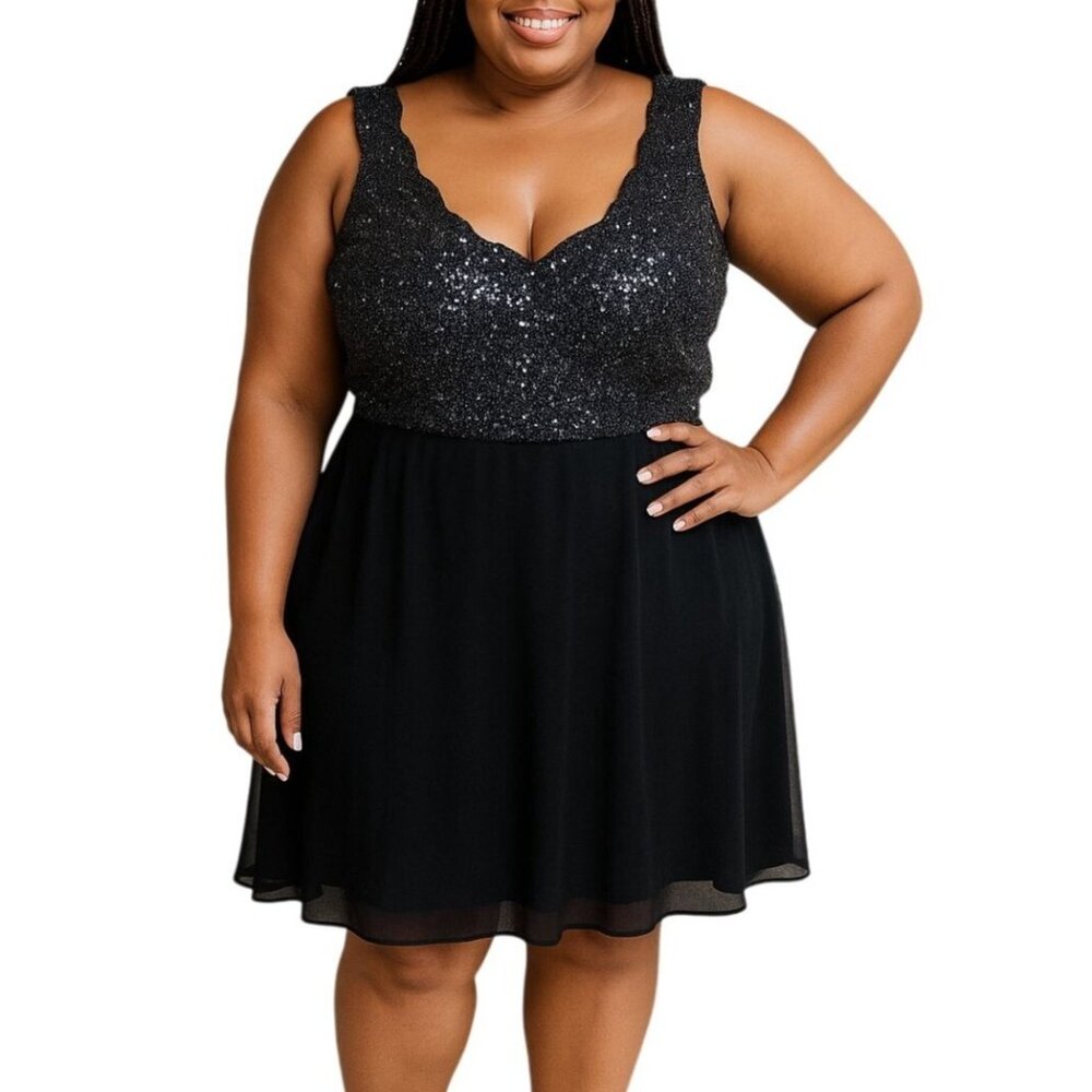 Charlotte Russe Size Large Dress Sequin Chiffon V-Neck Fit & Flare Cocktail